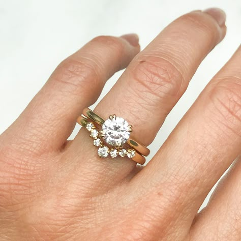 Complementary Wedding Bands, Gold Engagement Ring And Silver Wedding Band, Wedding Band Stack Round Diamond, Wedding Band And Solitaire Ring, Stackable Wedding And Engagement Rings, Wishbone Wedding Ring Set, Two Wedding Bands Stacked, Complementary Wedding Rings, Gold Wedding Band With Round Engagement Ring