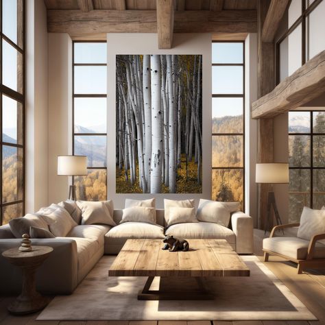 Modern Lodge, Waterfall Wall Art, Aspen Tree, Colorado Landscape, Aspen Wood, Mountain Modern, Modern Mountain, Lodge Decor, Birch Trees