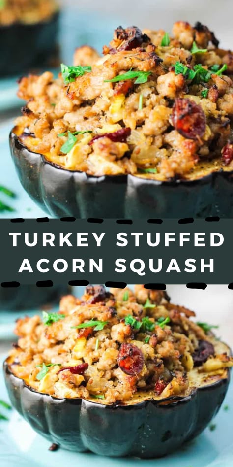 Turkey Stuffed Acorn Squash - it's a Fall on a plate; Turkey with Apples, Cranberries and dried Thyme stuffed in a sweet Acorn Squash makes for irresistible combination of fall flavors. Acorn Squash Recipe Ground Turkey, Stuffing Acorn Squash, Turkey Acorn Squash Recipes, Acorn Squash And Turkey Recipes, Ground Chicken Acorn Squash, Stuffed Acorn Squash Recipes Healthy Ground Turkey, Turkey Sausage Stuffed Acorn Squash, Thanksgiving Stuffed Acorn Squash, Stuffed Acorn Squash Turkey