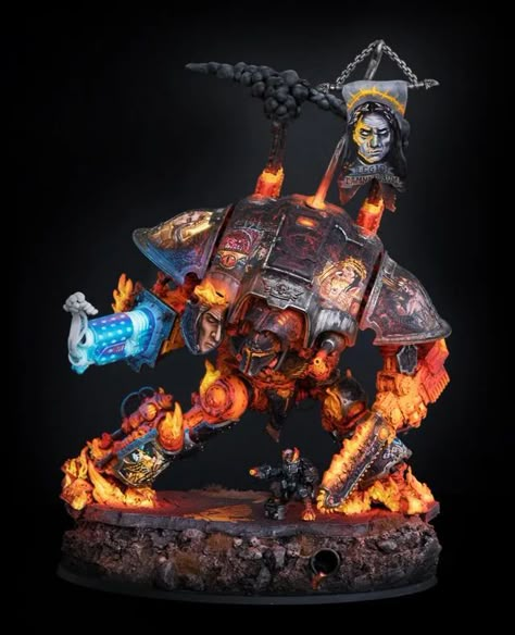 Custom decorated Warhammer knight Chaos Knight, Warhammer Tabletop, Warhammer Armies, Imperial Knights, Play With Fire, Warhammer Painting, Warhammer 40k Figures, Grey Knights, Imperial Knight