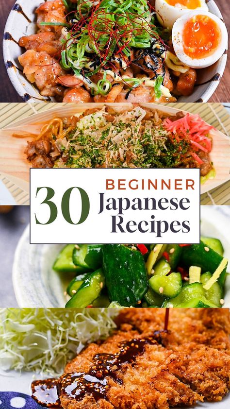 A collage of 4 easy Japanese meals including teriyaki chicken donburi, yakisoba stir fried noodles, easy cucumber pickles with ginger and the ultimate tonkatsu pork cutlet. Different Dishes For Dinner, Easy Healthy Meals For Beginners, Asian Cooking Staples, Japanese Comfort Food Recipes, Beginner Japanese Recipes, Japanese Inspired Recipes, Japanese Food Dinner Easy Recipes, Japanese Home Cooking Recipes, Summer Japanese Recipes