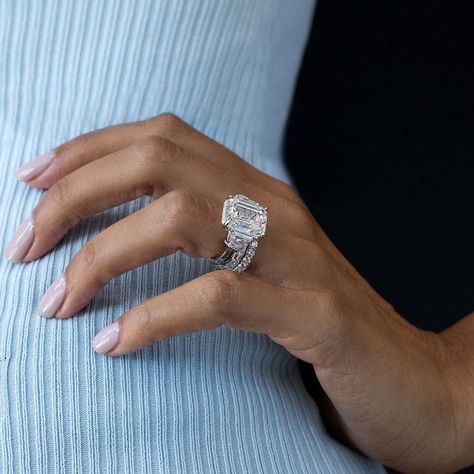 A trio of unforgettable diamonds. Jean Dousset's iconic Lucy ring is seen here with a 10.00+ carats emerald cut center stone, paired with Sophia and Halle eternity bands. Discover Jean Dousset's bespoke collections at the link in bio. #jeandousset #bespokejeweler #threestonering #customring #emeraldcutdiamond Jean Dousset, Future Engagement Rings, Dream Engagement, Dream Engagement Rings, Beautiful Engagement Rings, Expensive Jewelry, Jewelry Lookbook, Stone Engagement Rings, Emerald Engagement Ring