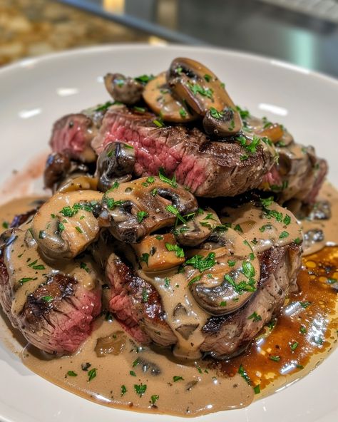 ELEGANT PAN-SEARED STEAK DIANE WITH RICH MUSHROOM SAUCE 🥩🍄 Ingredients: For the Steak: 2 beef tenderloin steaks (about 1 inch thick) Salt and black pepper to taste 2 tbsp olive oil 2 tbsp unsalted butter For the Mushroom Sauce: 1 tbsp unsalted butter 1 shallot, finely chopped 2 cloves garlic, minced 1 cup mushrooms, sliced (cremini or button) 1/4 cup brandy or cognac 1/2 cup beef broth 1/2 cup heavy cream 1 tbsp Dijon mustard 1 tbsp Worcestershire sauce 1 tsp fr... Steak Mushroom Pasta, Beef Tenderloin Steaks, Steak With Mushroom Sauce, Steak With Mushrooms, Steak Mushrooms, Steak Diane, Seared Steak, Food Groups, Food Babe