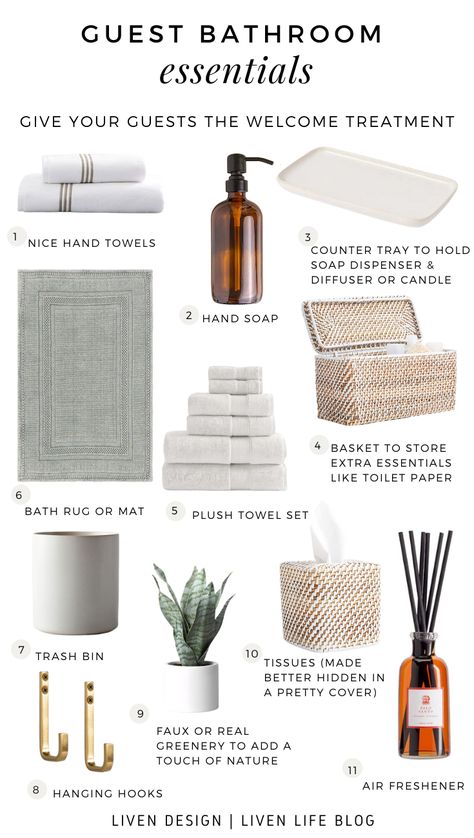 Essentials For Sprucing Up Your Guest Bathroom Guest Bathroom Essentials, Bathroom Counter Decor, Guest Bathroom Decor, Guest Toilet, Towel Decor, Counter Decor, Bathroom Design Decor, Guest Bathrooms, Bathroom Decor Ideas