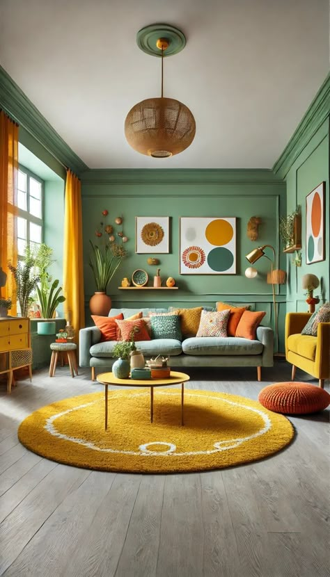 What Color Rug Goes With Sage Green Walls? (15 Ideas) 22 Green And Gold Living Room Color Scheme, Green Wall Green Couch, Different Wall Colors Living Room, Green Yellow Paint Colors, Cozy Living Rooms Colorful, Retro Colorful Living Room, Fun Room Colors, Wall Color Green Couch, Green Yellow Living Room Ideas