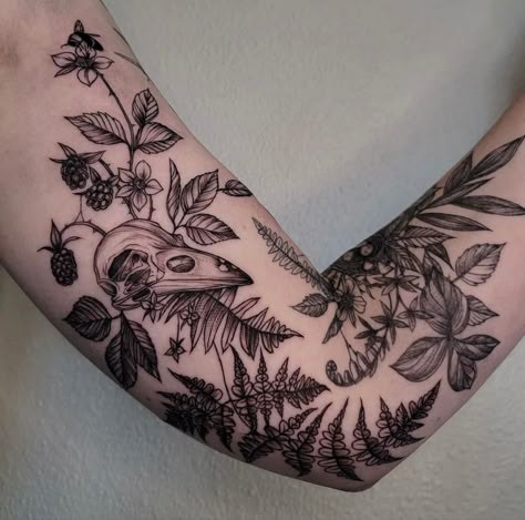 Botanical Tattoo Sleeve, Elegant Dragon, Earthy Tattoos, Nature Tattoo Sleeve, On Tattoo, Bug Tattoo, Witch Tattoo, Dragon Tattoos, Spooky Tattoos