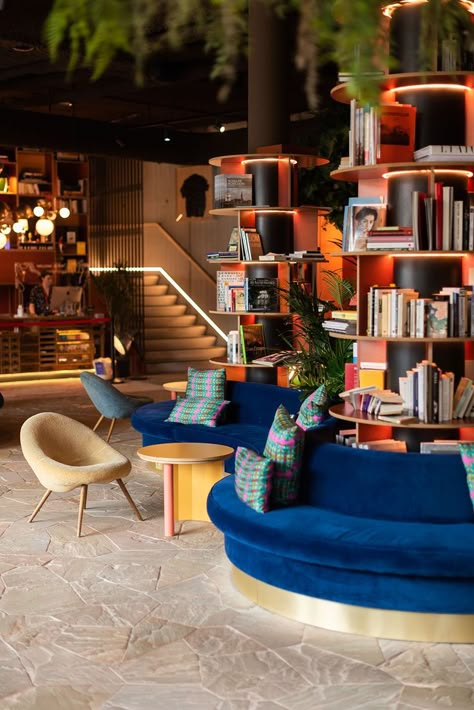 Wow Factor Interior Design, Library Lobby Interior Design, Lobby Cafe Design, Library Reception Design, Best Hotel Lobby Design, Boutique Hotel Reception Design, Bohemian Hotel Design, Colorful Hotel Lobby, Sample Library Interior Design