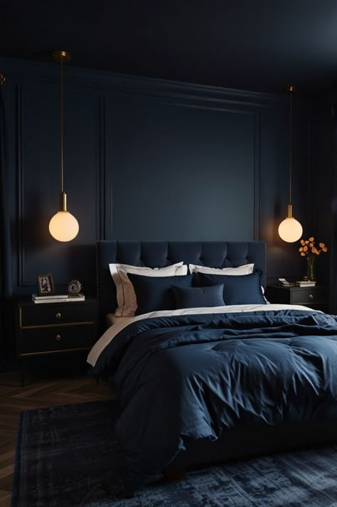 #bedroomdecor #walldecor #homedecor #interiordesign #decorinspiration #bedroominspo #diyhomedecor #designideas #interiorstyling Dark Navy Room Ideas, Midnight Blue Walls Bedrooms, Dark Moody Bedroom Ideas Modern, Navy Accent Wall Bedroom Master, Navy And Black Bedroom Ideas, Men Room Paint Ideas Bedrooms, Dark Blue Romantic Bedroom, Dark Blue Rooms Bedroom, Dark Blue Aesthetic Bedroom Ideas