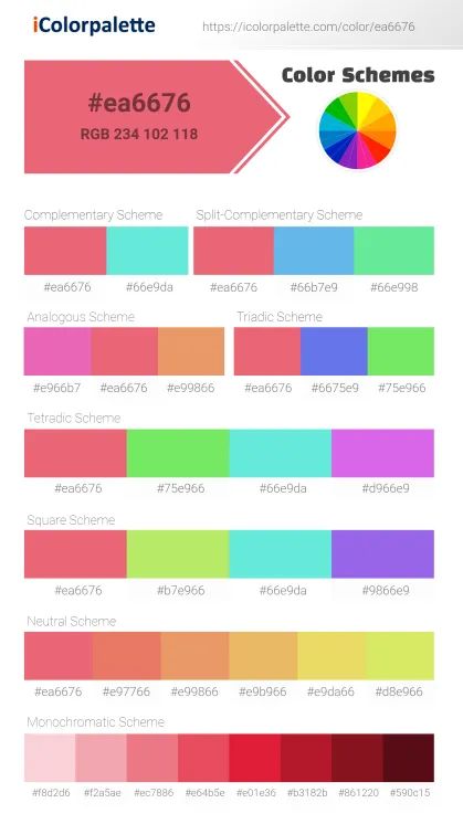 Pantone 17-1736 Tcx Sun Kissed Coral Color | Hex color Code #EA6676 information | Hsl | Rgb | Pantone Pantone Color Book, Cerise Color, Space Information, Neon Colour Palette, Turquoise Color Palette, Hex Color, Beige Color Palette, Orange Color Palettes, Purple Color Palettes