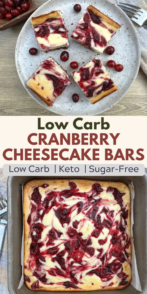 You don't have to like cranberry sauce to love these keto and low carb cranberry cheesecake bars! As long as you love a creamy cheesecake with a sweet yet tangy sauce, then you'll love these bars. Plus, they're made with a crunchy pecan crust, which is absolutely delicious! Keto Cranberry Recipes, Cranberry Cheesecake Bars, Keto Cranberry, Keto Pies, Low Carb Christmas, Cranberry Dessert, Pecan Crust, Cranberry Cheesecake, Low Sugar Desserts