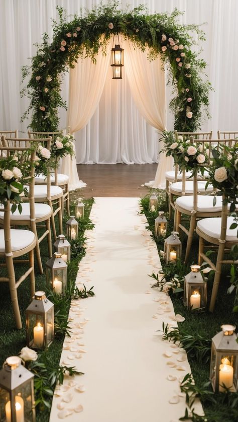 Enchanting Wedding Aisle Decorations Ideas - Wedding Hub Plant Wedding Aisle, Wedding Ceremony Lanterns Aisle, Wedding Ceremony Indoor Decorations, Wedding Aisle Benches, Inside Wedding Ceremony Decorations, Wedding Ceremony Isles, Wedding Ceremony Decorations Simple, Walking Down The Aisle Decoration, Ceremony Aisle Decor Indoor