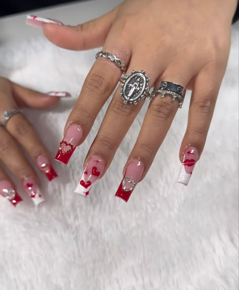 Medium Nails Acrylic Valentines, Valentine Nail Set Short, Cupid Acrylic Nails, 3d Heart Acrylic Nails, Hearts Design Nails, Matching Nails With Best Friend Valentines, Red Design Nails Short, Red Nail Art Acrylic Nails, Cute Valentine’s Day Nails Red