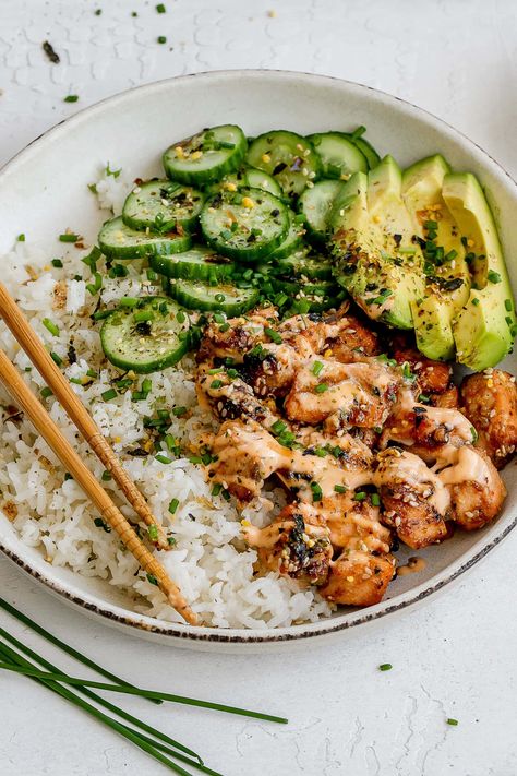 Spicy Salmon Bowls with Coconut Rice Coconut Rice Salmon Bowl, Easy Healthy Comfort Meals, Healthy Whole Foods Recipe, Spicy Salmon Bowls With Coconut Rice, Quick Pescatarian Dinner, Salmon Bowl With Coconut Rice, Comforting Healthy Dinner, Nutrition Bowl Recipes, Coconut Rice With Salmon