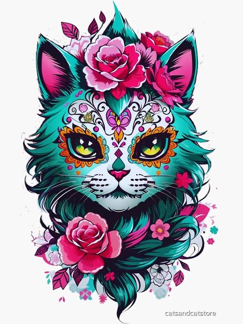 "Cute Creepy Turquoise Mexican Sugar Skull Cat" Sticker for Sale by catsandcatstore | Redbubble Sugar Skull Cat Tattoo, Sugar Skull Painting, Skeleton Artwork, Cute Creepy, Sugar Skull Cat, Mexican Sugar Skull, Cat Art Illustration, Image Cat, Cat Costume