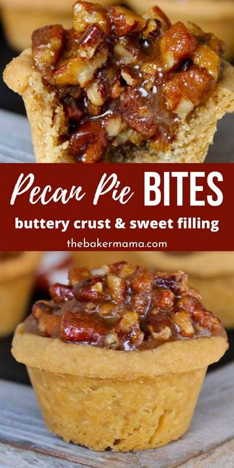 Bite Size Pecan Pie, Pecan Pie Bites, Dessert Thanksgiving, Pecan Filling, Holiday Party Food, Pecan Desserts, Pecan Bars, Pie Bites, Bite Size Desserts