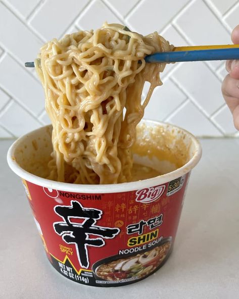 TikTok Brie Shin Ramyun Recipe Review | Kitchn Creamy Shin Ramyun, Shin Ramyun Hack, Shin Ramen Hacks, Ramen Hacks, Shin Ramyun, Cup Ramen, Easy Ramen, Spicy Ramen, Spicy Noodles