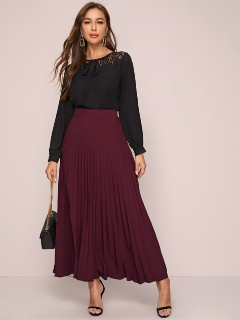 Solid Pleated Maxi Skirt | SHEIN USA Pleated Skirt Outfit Burgundy, Maroon Pleated Skirt Outfit, Red Pleated Long Skirt, Long Maxi Skirt Outfits, Pink Maxi Skirt Outfit, Maroon Skirt Outfit, Elegant Maxi-length Flowy Pleated Skirt, Red Flowy Long Pleated Skirt, Purple Pleated Maxi Skirt