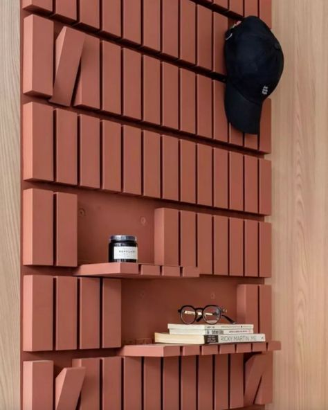 Utility Wall Revisited.  Short on space? Check out this space saving storage wall.  We love this clever, high-functional solution for those of us with tight, tiny, and essentially non-existent entrances.  Credit: Designer @republicdesign.jjstudio Shelving In The Wall, Retail Storage Ideas, Non Functional Fireplace Ideas Decor, Brick Interior Design, Experiential Retail, Breeze Wall, Utility Wall, Digital Installation, Storage Furniture Design