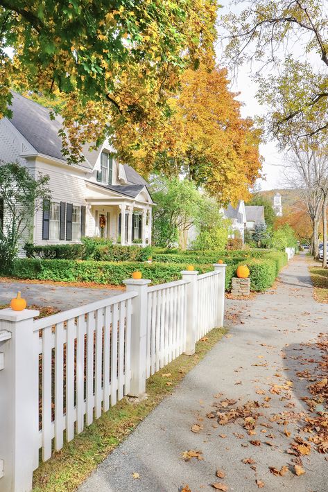 More autumnal themed neighborhood. While Leaf Peeping in Vermont 2019. | Kristy Wicks Houses In Vermont, Wall Frame Layout, Colorful Minimalist Bedroom, Frame Wall Layout, Vermont Homes, New England House, New England Aesthetic, Work From Home Office, Vermont Fall