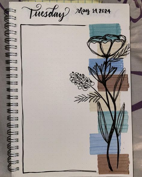 Journal art for the week starting May 13, 2024 (Sometimes I forget to take a picture before I start writing in it, hence the splotchy background in some pics. ¯\_(ツ)_/¯ ) #journalart #justtamar #drawingeveryday #handdrawn #creativejournaling #handdrawnart How To Write Index For Project, Journal Border Designs, Notebook Designs Pages, Cute Journal Designs, Words Design Ideas, Ideas For Decorating Notebooks, Front Cover Ideas For Journal, Index For Project Design, Index Design Creative