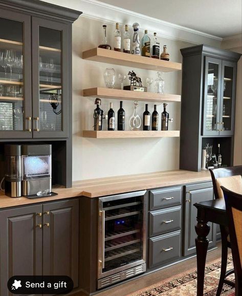 Modern Kitchen Buffet Cabinet, Modern Farmhouse Shaker Cabinets, Kitchen Cabinet Different Depth, Kitchen Buffet Area, Bar Wall With Shelves, Wine Bar Built In Cabinets, Bar Coffee Area In Kitchen, Kitchen Cabinets In Dining Area, Wall Bar In Dining Room