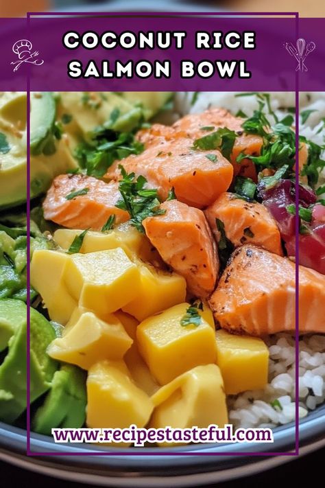 This vibrant and healthy salmon bowl combines fluffy coconut rice with tender salmon, creamy avocado, sweet mango, crunchy cucumber, and a zippy coconut milk dressing. It’s perfect for a fresh and customizable dinner. Rice Salmon Bowl, Mango Salmon, Rice Salmon, Salmon Rice Bowl, Salmon Rice, Salmon Bowl, Healthy Salmon, Salmon And Rice, Rice Salad