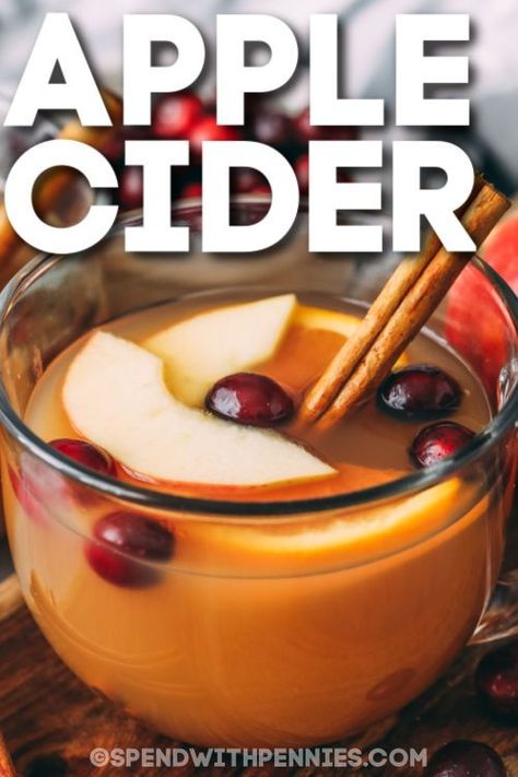 The spicy, warm flavors of this hot apple cider are sure to chase those fall or winter chills away. Some apple cider and a collection of spices are simmered on the stove for a warming and unforgettable drink. Spike this cider with a little rum and easily turn it into a comforting evening drink of hot toddy. #hotapplecider #hotappleciderrecipe #besthotapplecider #spendwithpennies Stove Top Hot Apple Cider, Hot Toddy Recipe Apple Cider, Homemade Hot Apple Cider, Hot Apple Cider Recipe, Cranberry Cider, Hot Toddies Recipe, Apple Drinks, Apple Cider Recipe, Homemade Apple Cider