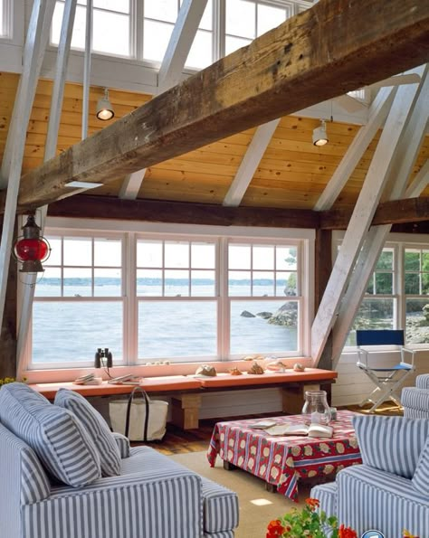 Boathouse – Casco Bay Island, Maine  Whitten... - This Preppy House Nantucket Interior, Boathouse Design, Beach Style Living Room, Preppy House, Striped Room, Residential Architect, Humble Abode, Rustic Interiors, Beach Cottage