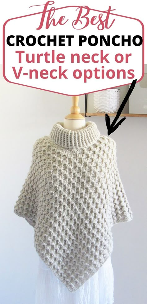 Try this free crochet turtleneck poncho pattern that also includes a V-neck option for those who don't like a high neck. This easy beginner friendly poncho with sleeves will delight any woman and also includes plus sizes. It is the perfect poncho sweater for fall. Crochet Cowl Neck Poncho| Crochet Poncho With Sleeves. Crochet Poncho With Sleeves, Crochet Poncho Patterns Easy, Poncho Au Crochet, Crochet Poncho Free Pattern, Poncho Crochet, Turtleneck Poncho, Crochet Poncho Patterns, Crochet Shawls And Wraps, Ladies Poncho