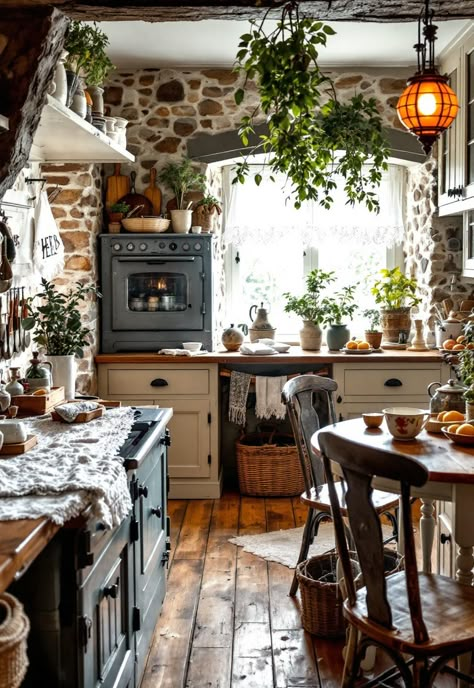 Rustic Kitchen Coffee House Kitchen Ideas, Natural Aesthetic Kitchen, Stone Wall Cottage, Hobbit Style Kitchen, Rustic Kitchen Walls, Exposed Stone Kitchen, Cottage Kitchen Stone Wall, Old Cottage Interior Rustic, Oven Next To Sink