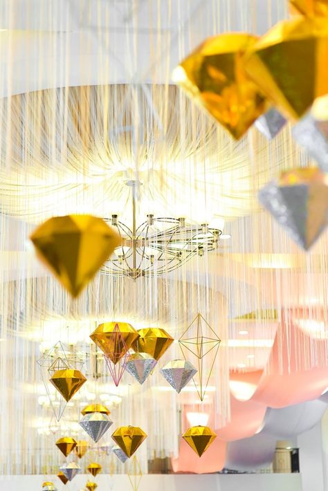 Monique’s Jewels and Gems Themed Party – Ceiling details Jewel Themed Party, Diamond Party Decorations, Diamond Theme Party Ideas, Diamond Theme Party, Gem Party, Diamond Theme, Ceiling Details, Money Box Wedding, Ceiling Draping