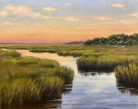 Coastal Marsh Paintings, Hill Landscape Painting, Marsh Scenes Paintings, Florida Landscape Paintings, Marshland Paintings, Ocean Landscape Photography, Marsh Photos, Coastal Wetlands, Marsh Art