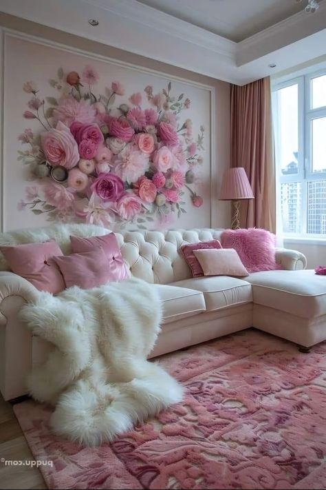 Girly Apartments, Girly Apartment Decor, Pink Living Room, Pink Room, A Living Room, Dream House Decor, Shabby Chic Decor, Luxury Living Room, Luxury Living