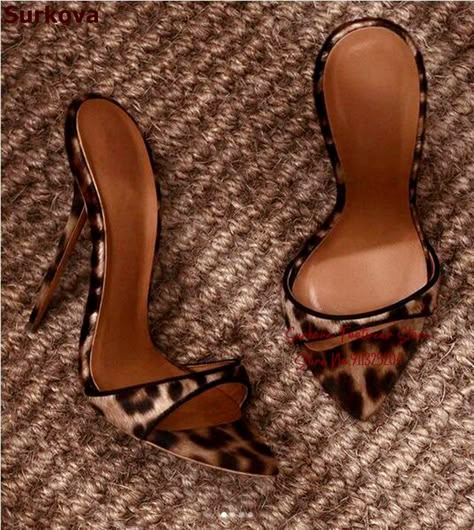 Surkova Leopard Satin Cloth High Heel Slippers Women Slip-on Pointed Toe Dress Pumps Wexy Concise Evening Banquet Footwear - AliExpress 322 Shoes Editorial, High Heel Slippers, Club Shoes, Leopard Heels, High Heel Mules, Open Toe High Heels, Heels Classy, Heel Mules, Super High Heels