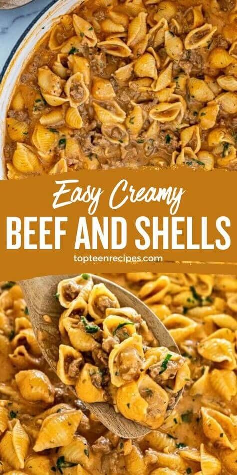 Easy Creamy Beef and Shells - Top Recipes Creamy Beef And Shells, Beef And Shells, Shell Pasta Recipes, Beef Pasta Recipes, Shells Recipe, Stuffed Shells Recipe, Beef Pasta, Beef Casserole Recipes, Pasta Dinner Recipes