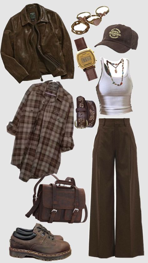 Outfits Not On People, Earthy Fashion Women, Earthy Colored Outfits, Outfit Ideas Soft Grunge, Brown Pants Grunge Outfit, Moody Casual Outfit, Archeologist Outfit Women, Earth Tone Fall Outfits, Esfp Outfits