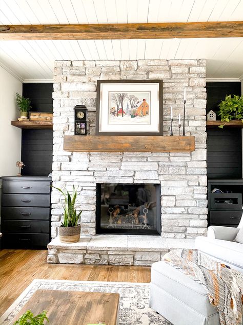 Whitewashed fireplace revamp-62 Whitewashed Fireplace, Whitewash Stone Fireplace, Sidebar Design, Stone Fireplace Decor, White Wash Fireplace, 1960s House, Space Saving Kitchen, Rustic Fireplaces, Fireplace Makeover