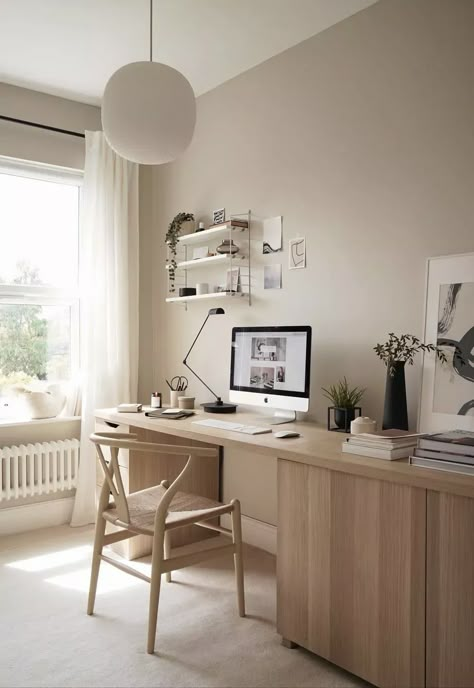 Pale oak desk, Wishbone chair, white linen curtains and String Pocket shelving in a minimalist yet cosy home office with greige walls | A home-office revamp with an IKEA desk hack | These Four Walls blog Rustic Minimalism, Ikea Home Office, Office Hacks, Ikea Desk Hack, Workspace Ideas, Desk Hacks, Ikea Office, Minimalist Home Office, Outfit Office