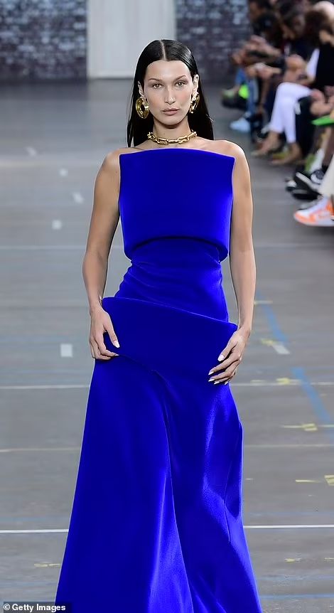 Bella Hadid showcases her legs in a ruched olive minidress during Paris Fashion Week | Daily Mail Online Off White Fashion Show, Blue Runway, Majorelle Blue, Electric Blue Dresses, Blue Dress Outfits, Cobalt Dress, Off White Fashion, Cobalt Blue Dress, Creation Couture