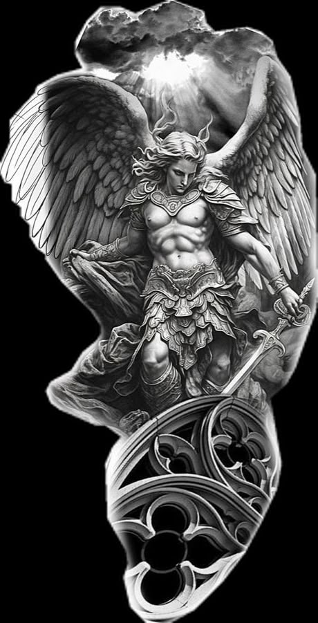 Mens Side Tattoos, Jesus Tattoo Sleeve, Angel Warrior Tattoo, St Michael Tattoo, Geometric Tattoo Sleeve Designs, Full Chest Tattoos, Female Warrior Tattoo, Archangel Tattoo, Full Leg Tattoos