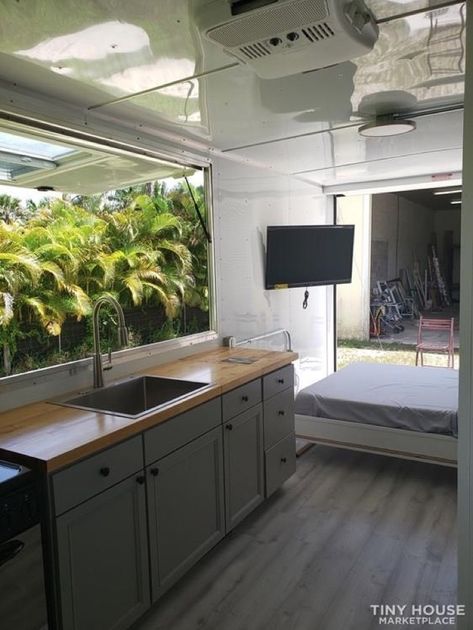 24-ft. Cargo Trailer Turned Stealth Tiny House Semi Trailer Tiny House, Cargo Trailer Tiny House, Trailer Tiny House, Converted Cargo Trailer, Tiny Home For Sale, Cargo Trailer Conversion, Trailer Conversion, Queen Murphy Bed, Box Trailer