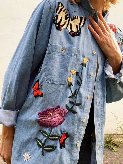 repurposed shirt with embroidery by tessa perlow Embroidered Denim Shirt Diy, Embroidery Denim Shirt, Tessa Perlow, Embroidery Clothes, Shirt With Embroidery, Embroidered Denim Shirt, Mending Clothes, Denim Embroidery, Garment Sewing