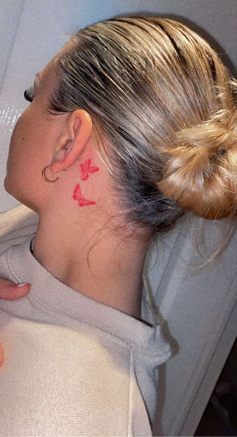 Red Butterflies Behind Ear Tattoo, Behind Ear Tats Red, Cute Small Red Tattoos For Women, Behind The Ear Tattoo Heart, Red 444 Tattoo Behind Ear, Red Ink Butterfly Tattoo Behind Ear, Angle Number Tattoo Behind Ear, Behind The Ear Tattoo Ideas Red, Behind Ear Tattoo Design