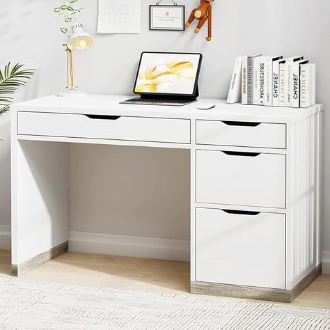 Amazon.com: MaverickFurni White Desk with 4 Drawers, Small Desk with Storage, White Computer Desk with Filing Cabinet, Small Desks for Kids, Home Office Desk with Drawers, Bedroom, Small Space : Home & Kitchen Cute Desk With Storage, Cute Desks White, White Desk With Drawers On Both Sides, Desk For Girls Bedroom, Desk White Aesthetic, White Desk With Shelves, Study Table Ideas Bedroom, Small Desk With Storage, Desks For Kids