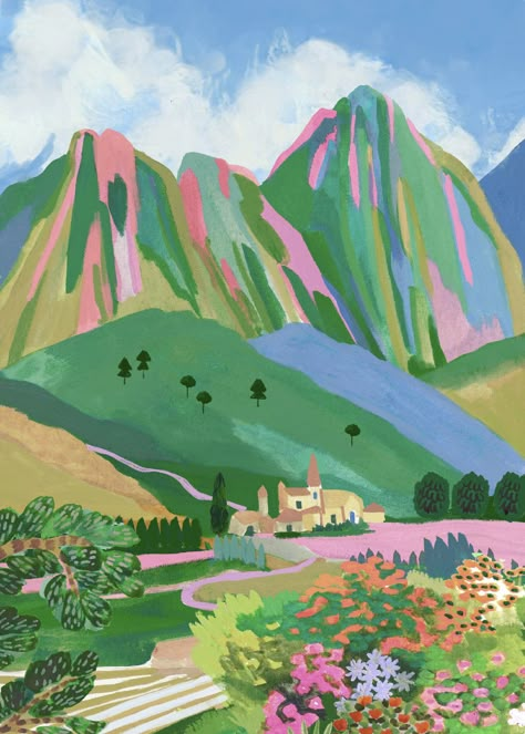 The Dolomites/ Travel Illustration / Art Print / A5, A4, A3, A2 / Wall Art / Birthday / Housewarming Gift / Anniversary - Etsy.de Mountain Illustration, Colorful Mountains, The Dolomites, Colourful Art, Art Birthday, Travel Illustration, Paint And Sip, Mountain Paintings, Landscape Illustration