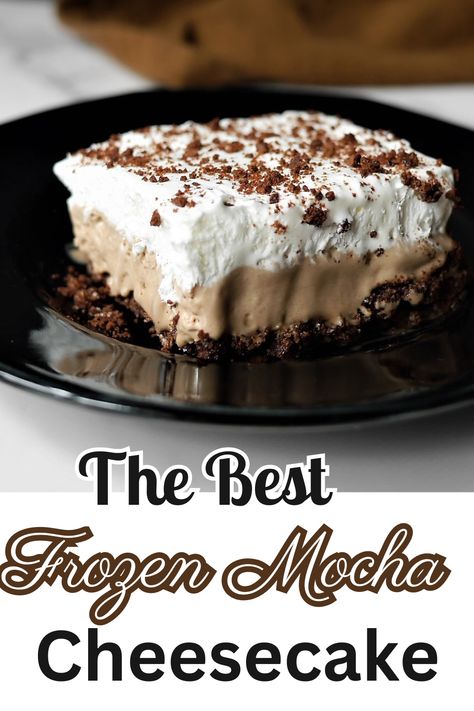 This deliciously creamy frozen dessert is made with a mocha cheesecake filling, crunchy chocolate graham base and finished with cool whip and additional chocolate graham crackers. Frozen Mocha Cheesecake, Frozen Mocha Dessert, Frozen Chocolate Cheesecake, Frozen Desserts Easy, Mocha Desserts, Mocha Cheesecake, Chocolate Graham Crackers, Frozen Chocolate, Chocolate Dessert Recipes