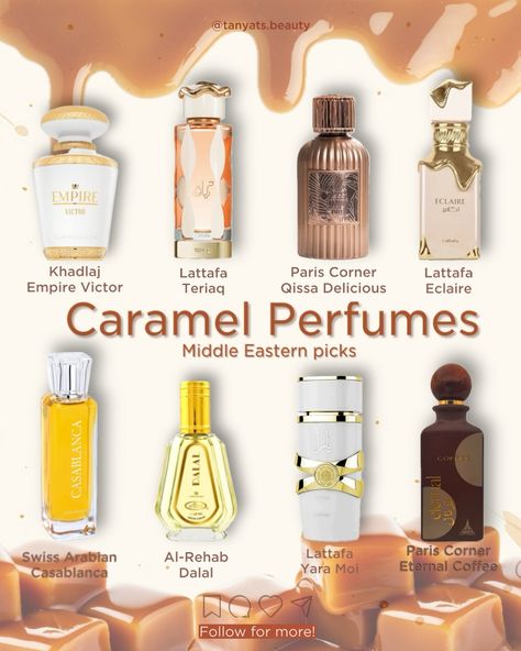 Best caramel perfumes: Middle Eastern picks ✨ ▫️ Khadlaj Empire Victor — caramel lemon vanilla cake. Love at first sniff! Smells expensive and delicious, in the same style as Lira or Devotion. ▫️ Lattafa Teriaq — a very complex perfume I’d describe as airy leathery caramel, with honey, almond, apricot, and pink pepper. It smells like an expensive designer or niche perfume. ▫️ Paris Corner Qissa Delicious — a truly delicious combination of caramel and chocolate. ▫️ Lattafa Eclaire — an ama... Chai Eclair Perfume, Caramel Scented Perfume, Gourmand Arab Perfumes, Arabian Vanilla Perfume, Expensive Smelling Perfume, Vanilla Caramel Perfume, Best Niche Perfumes, Arabian Perfume Aesthetic, Arab Vanilla Perfume