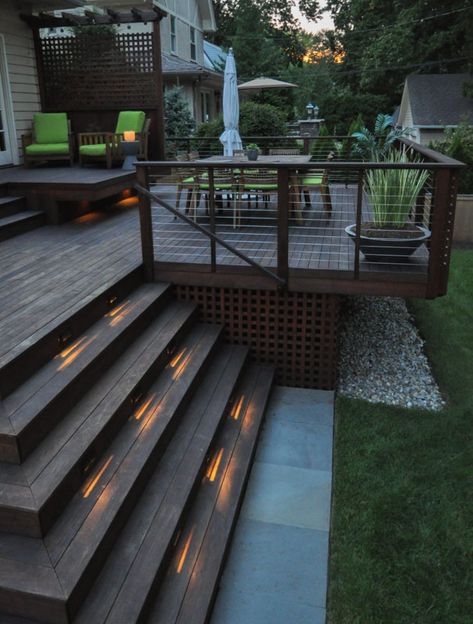 Lights In Decking, Deck With Stairs All Around, Raised Deck Off Back Of House, Deck With Landing, Deck Ideas With Gazebo, Multi Tier Deck, Big Deck Ideas, Decks With Stairs, Trex Deck Ideas Color Schemes