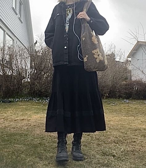 Long Skirt Denim Jacket, Fits With Boots Aesthetic, Long Black Skirt Grunge Outfit, Long Dress With Denim Jacket, Grunge Jacket Aesthetic, Alt Boots Outfit, Grunge With Skirt, Metal Grunge Aesthetic, Fairy Grunge Long Skirt Outfit