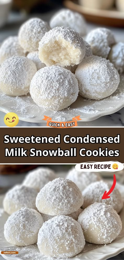 Sweetened Condensed Milk Snowball Cookies Milk Snowball Cookies, Sweeten Condensed Milk Snowballs, Sweeten Condensed Milk Snow Ball Cookies, What To Make With Powdered Sugar, Melt In Your Mouth Cookies Recipe, Sweetened Condensed Milk And Cream Cheese Recipes, Snacks With Sweetened Condensed Milk, Sweet Condensed Milk Snowball Cookies, Snowball Cookies Condensed Milk